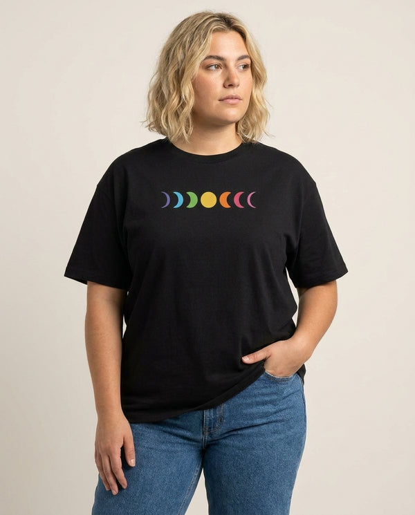 Band Moon Cycle T-Shirt — Black Front, worn