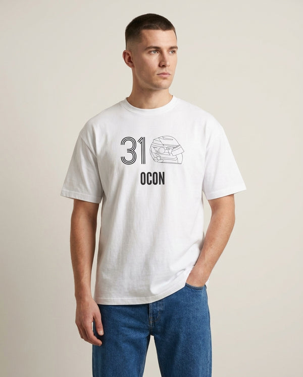 Ocon Helmet 2026 T-Shirt — White Front, worn