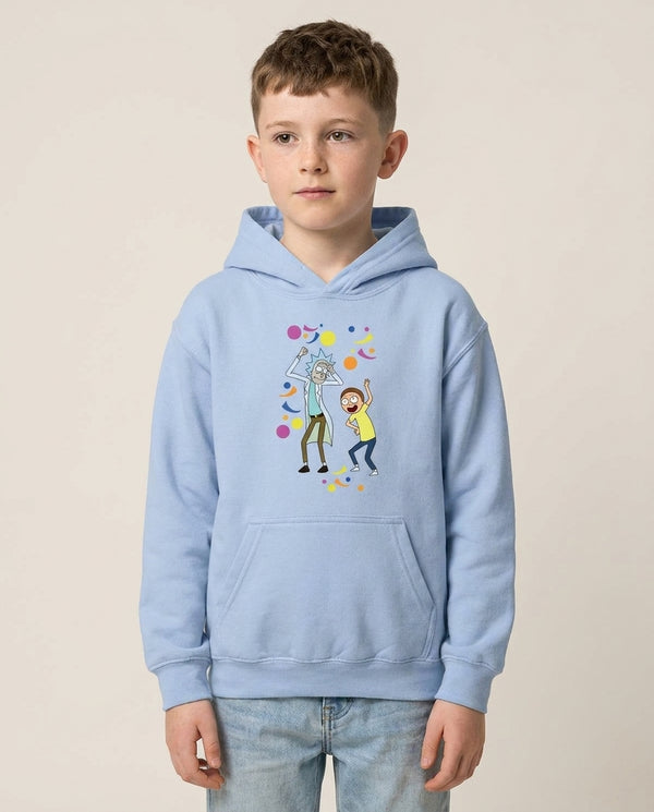 R&M Dancing Kids Hoodie — Blue Front, worn