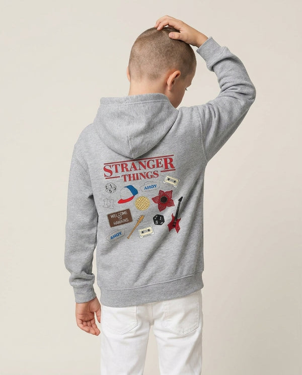 Stranger Things Cartoon Icons Kids Hoodie — Grey Back, worn