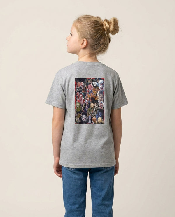 Collage of Horror Kids T-Shirt — Grey Back, worn