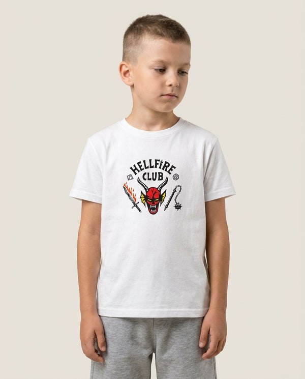 Hellfire Club Logo Kids T-Shirt — White Front, worn
