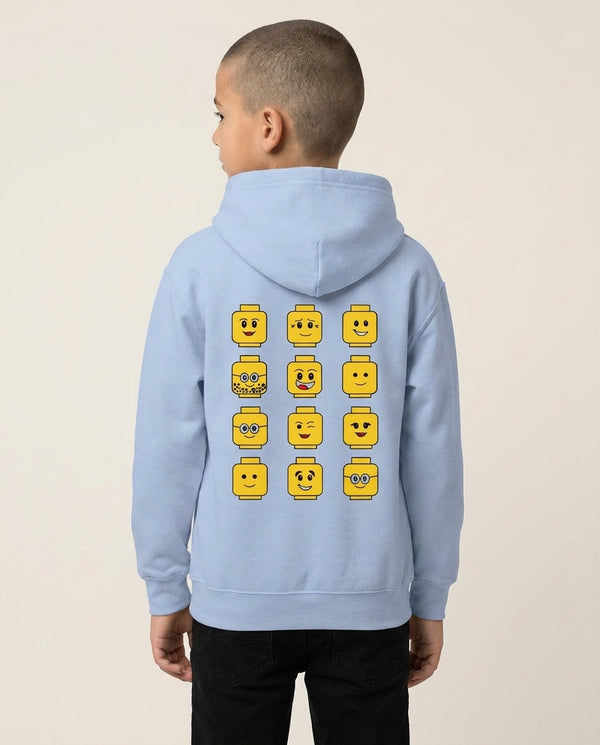 Characters - Bricks Kids Hoodie — Blue Back, worn