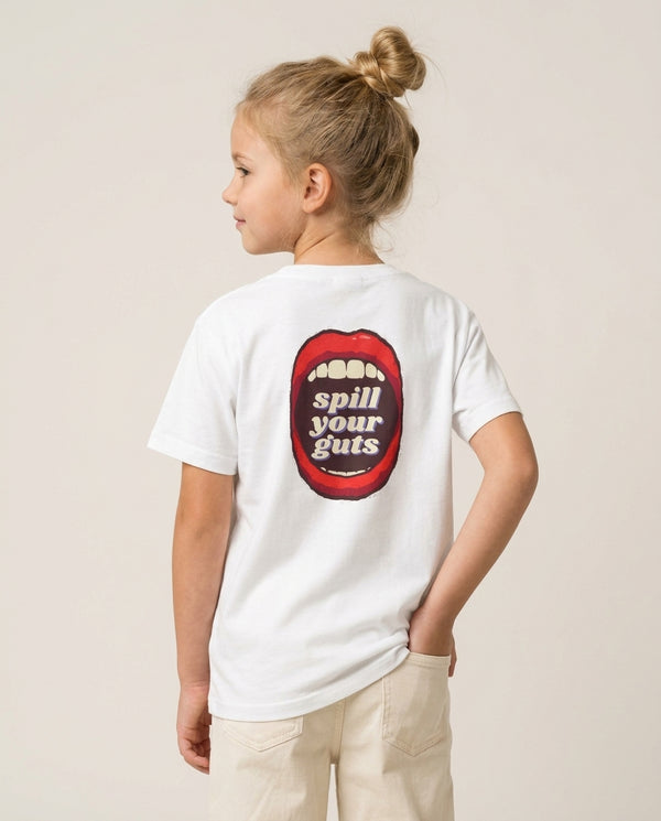 Spill Your Guts Kids T-Shirt White Back, worn