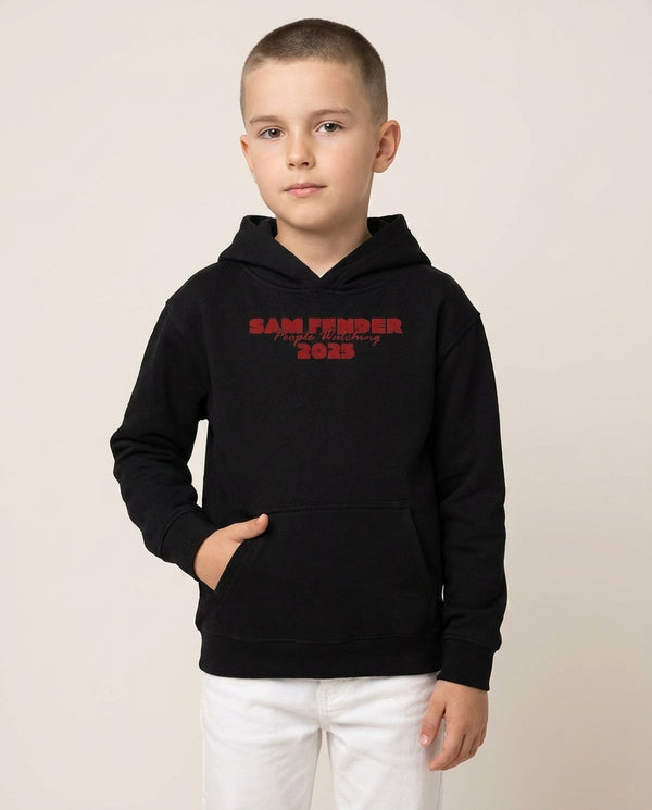 Stripes People Watching 2025 Kids Hoodie — Black Front, worn