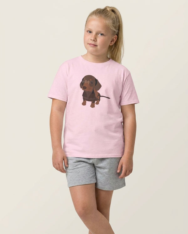 Brown - Dachshunds Kids T-Shirt — Pink Front, worn