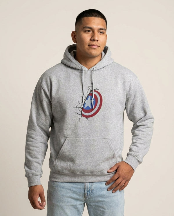 Shield Break Hoodie — Grey Front, worn