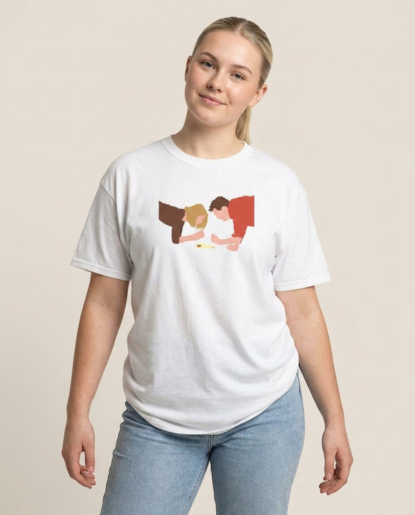 Eating Some Food T-Shirt — White Front, worn