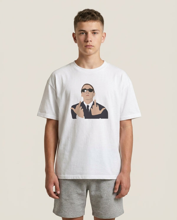 Middle Finger T-Shirt — White Front, worn