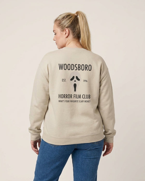 Woodsboro Horror Film Club - Scream Sweatshirt — Sand Back, worn