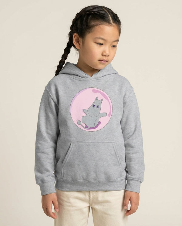 Moomin In A Pink Bubble  Kids Hoodie — Grey Front, worn