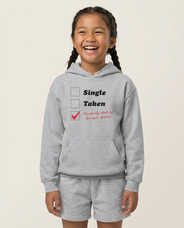 Mentally Dating Benson Kids Hoodie — Grey Front, worn
