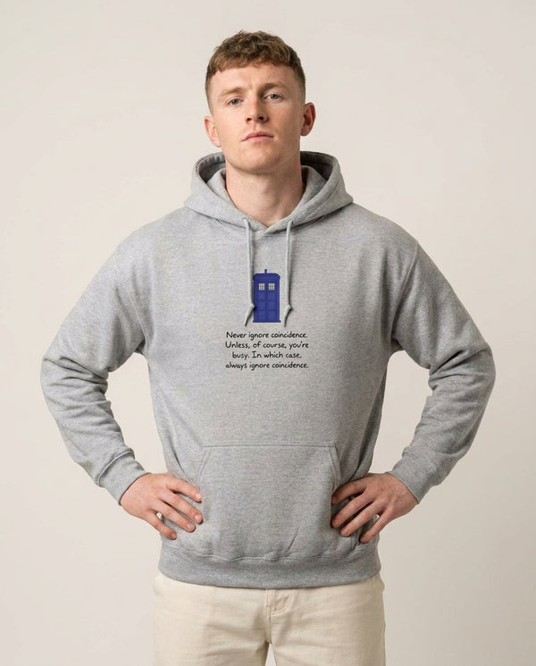 Never Ignore Coincidence Hoodie — Grey Front, worn