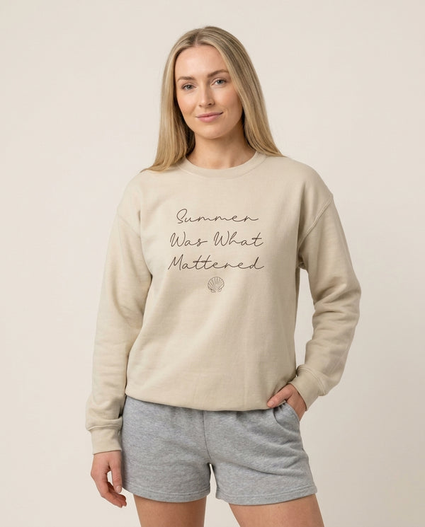 Summer Was What Mattered Sweatshirt — Sand Front, worn