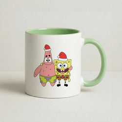 Cartoon Sponge And Starfish Christmas Hats Coffee Green Mug