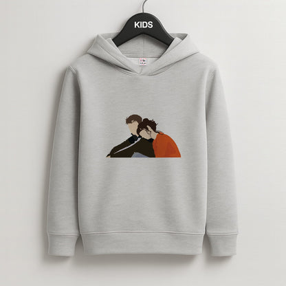 Marianne Resting On Connell Kids Grey Hoodie