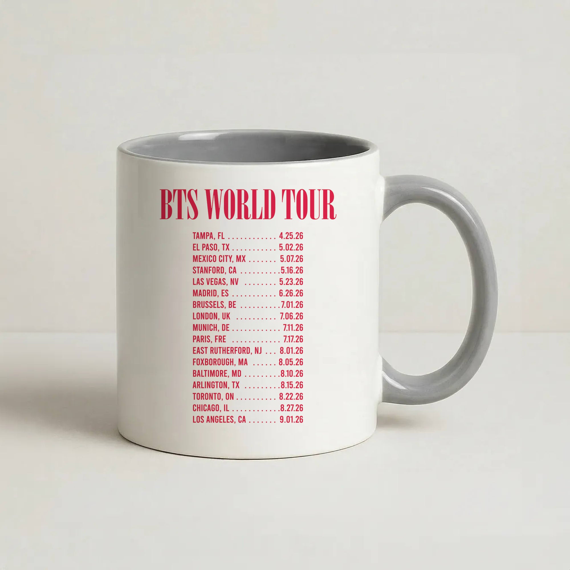 K-Pop Band World Tour List 2026 Coffee Grey Mug