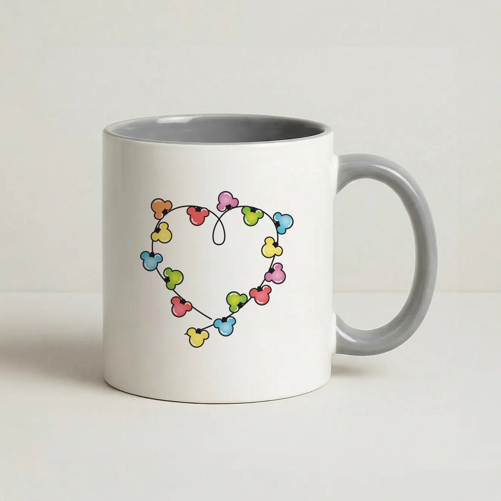 Cartoon Mouse Christmas Fairylights Heart Coffee Grey Mug
