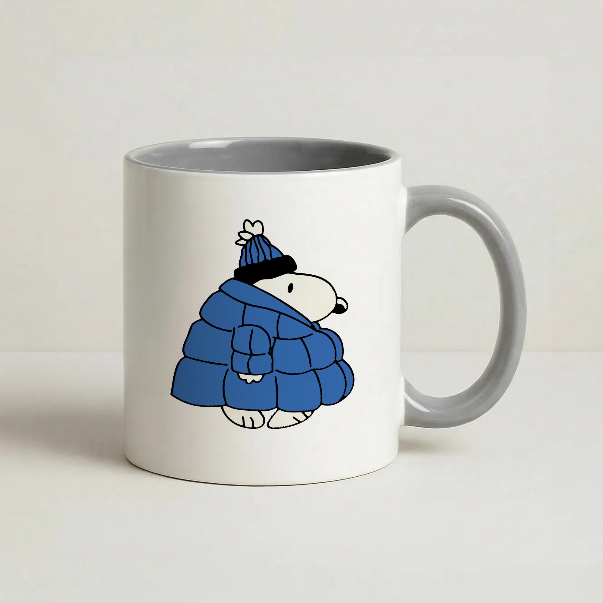 Cartoon Beagle Puffer Jacket Blue Coffee Grey Mug