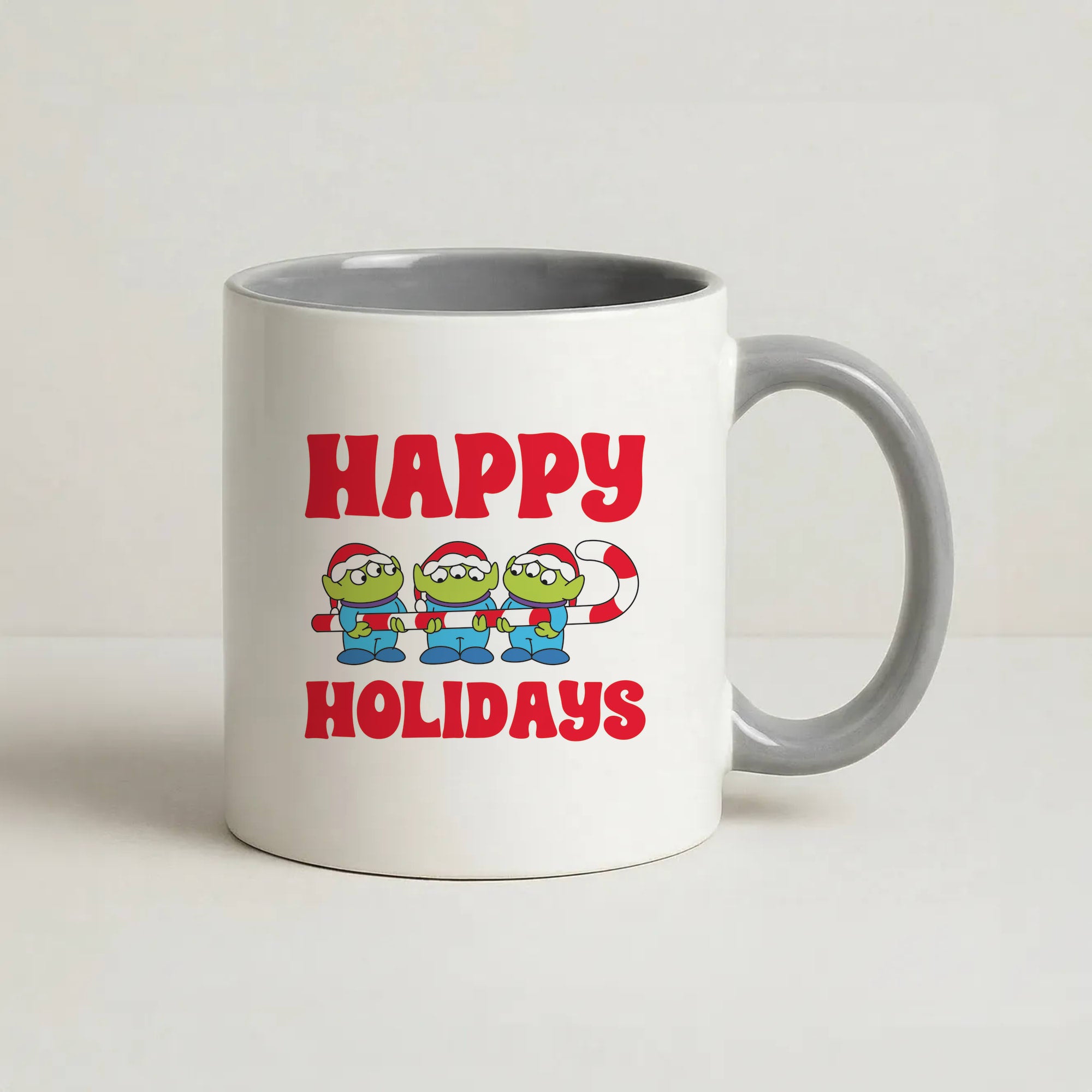Happy Holidays Cute Green Aliens Coffee Grey Mug