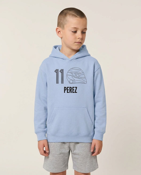 Perez Helmet 2026 Kids Hoodie — Blue Front, worn