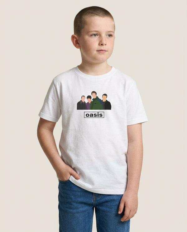 Rock Band Members Kids T-Shirt — White Front, worn