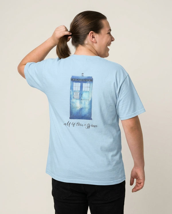 All of Time and Space T-Shirt — Blue Back, worn