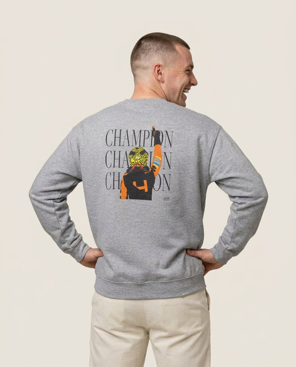 Lando Champion 2025 Sweatshirt — Grey Back, worn