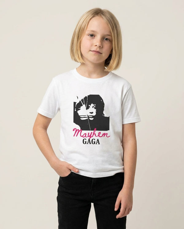 Pink Mayhem Gaga Kids T-Shirt — White Front, worn