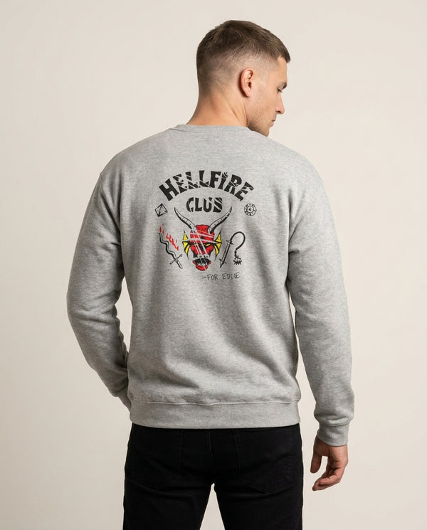 Torn Hellfire Club Sweatshirt — Grey Back, worn