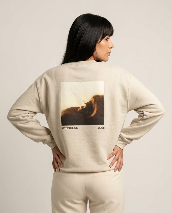 AH Album Sweatshirt — Sand Back, worn