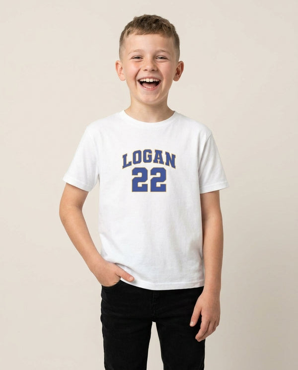 Logan Kids T-Shirt — White Front, worn