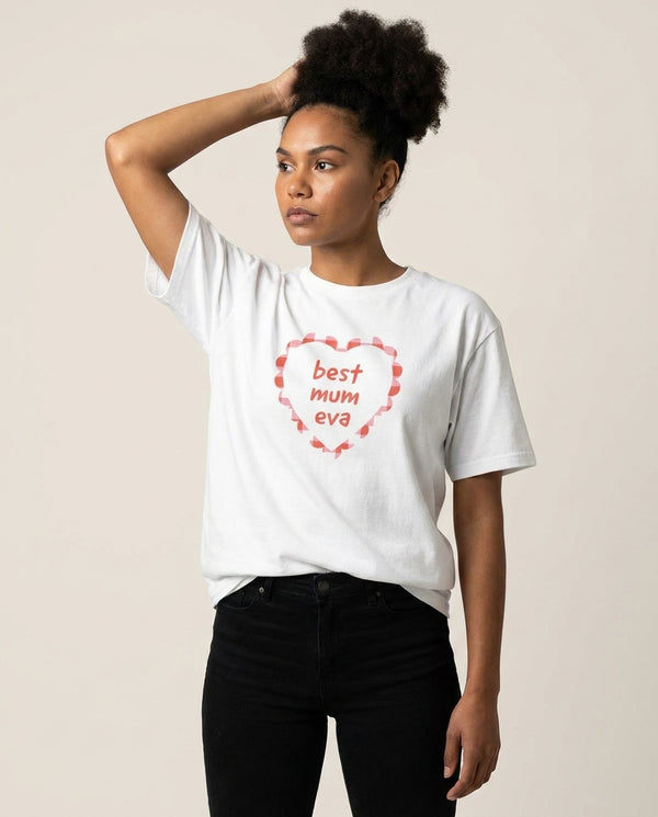 Best Mum Eva T-Shirt — White Front, worn