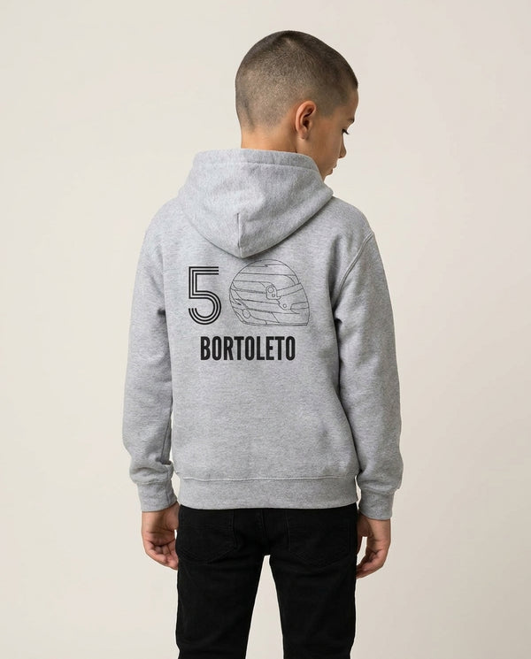 Bortoleto Helmet 2026 Kids Hoodie — Grey Back, worn