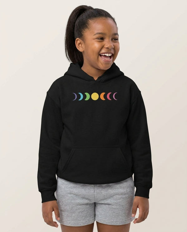 Band Moon Cycle Kids Hoodie — Black Front, worn