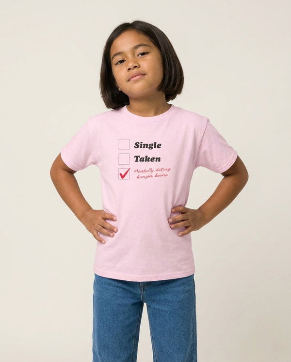 Mentally Dating Benson Kids T-Shirt — Pink Front, worn