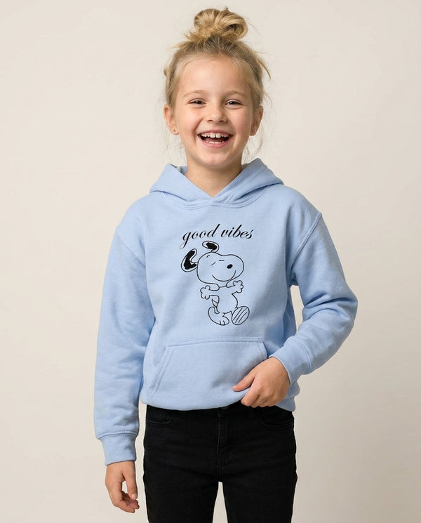 Good Vibes Cartoon Beagle Kids Hoodie — Blue Front, worn