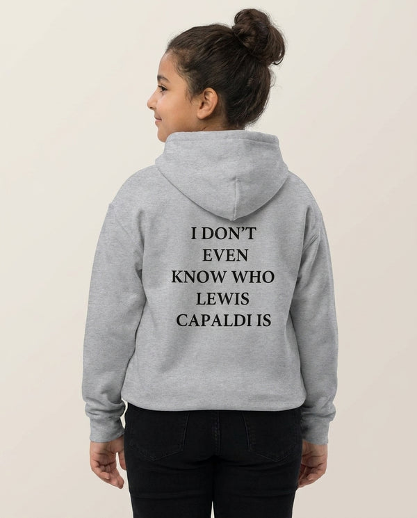 I Don't Even Know Kids Hoodie — Grey Back, worn