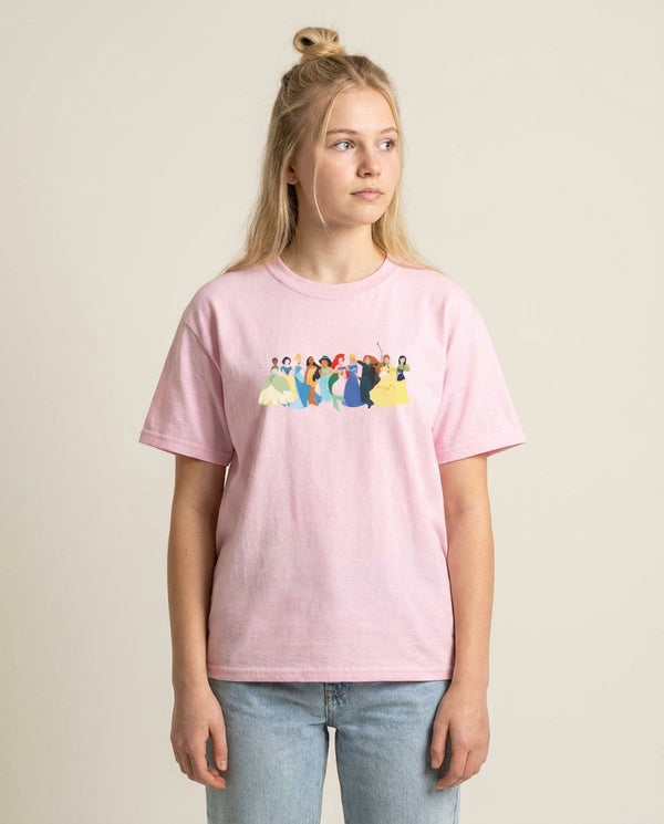 Fairytale Princesses Cast T-Shirt — Pink Front, worn