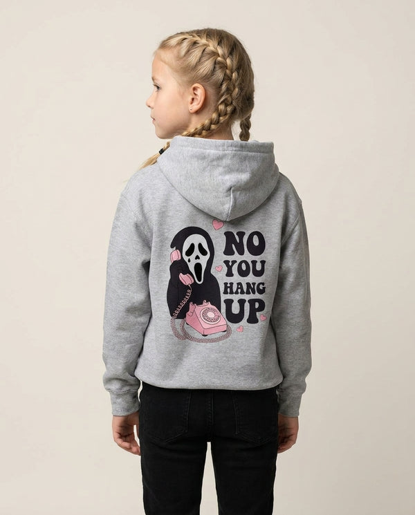 No You Hang Up Kids Hoodie — Grey Back, worn