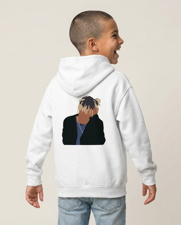 Sad - Juice Kids Hoodie — White Back, worn