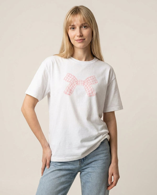 The Gingham Bow T-Shirt — White Front, worn