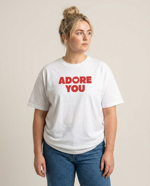 Adore You T-Shirt — White Front, worn