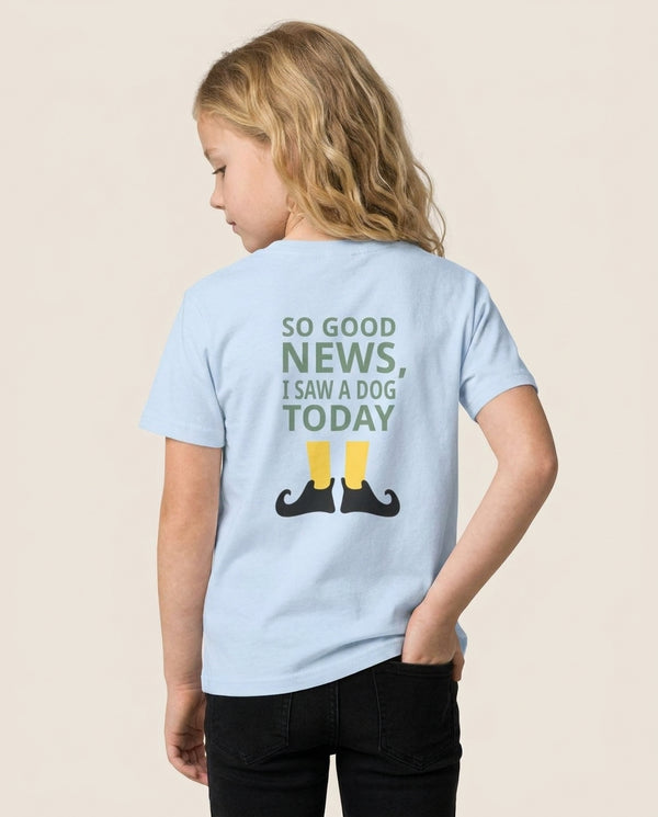 I Saw A Dog Today - Elf Kids T-Shirt — Blue Back, worn