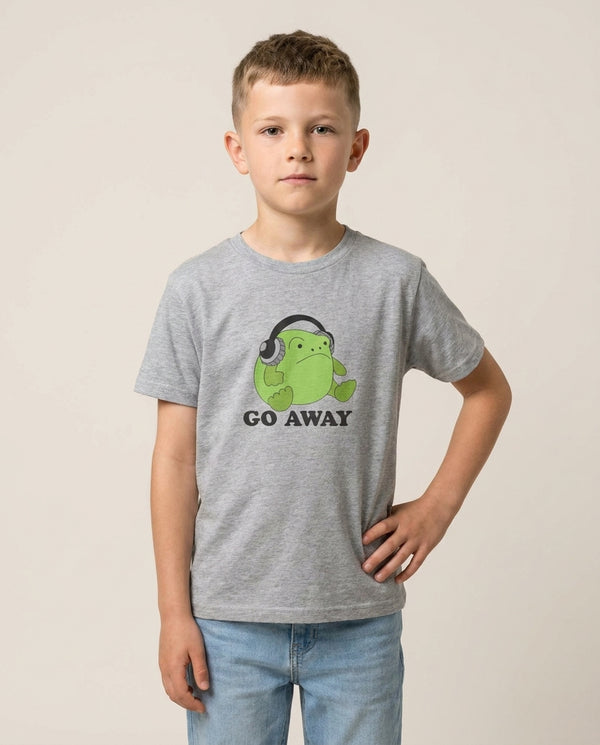 Go Away Grumpy Frog  Kids T-Shirt — Grey Front, worn