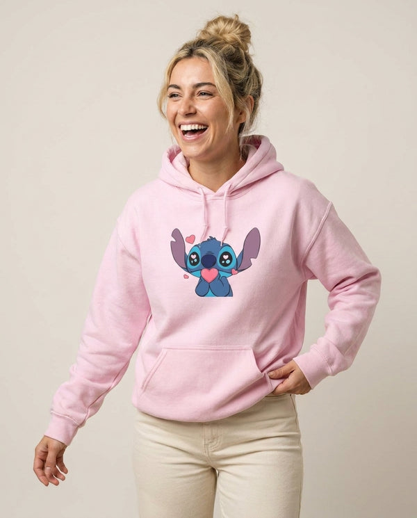 Cute Alien Blue Hoodie — Pink Front, worn