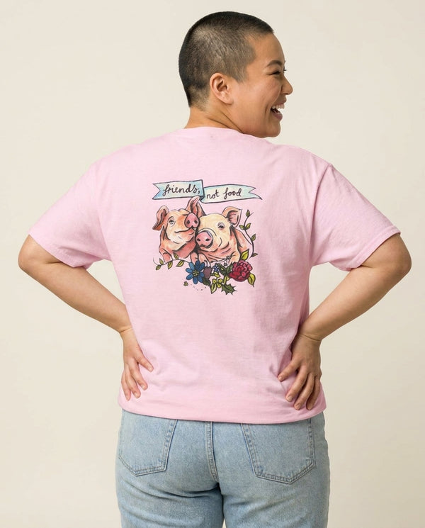 Friends Not Food - Vegan T-Shirt — Pink Back, worn