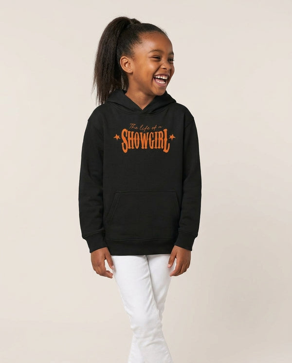 TLOAS Orange Kids Hoodie — Black Front, worn
