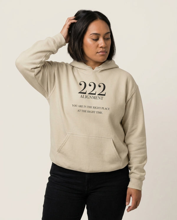 222 - Angel Numbers Hoodie — Sand Front, worn