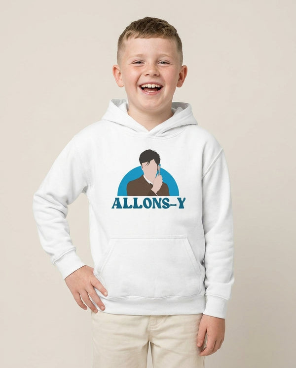 Allons-y - Doctor Who Kids Hoodie — White Front, worn